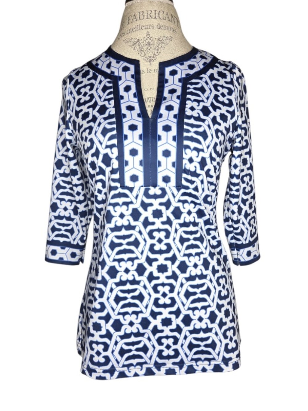 Gretchen Scott Henri Split Neck Tunic Navy & White Moroccan Print Size XS